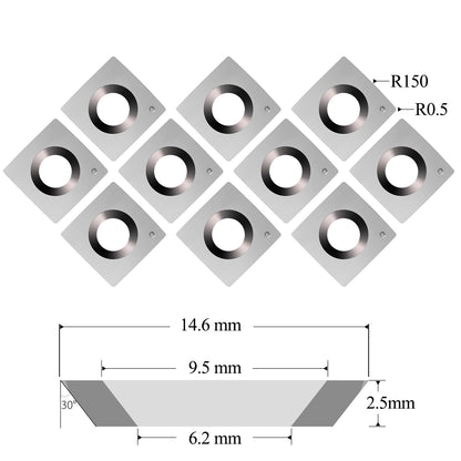 Tungsten Carbide Inserts Blades 14.6x14.6x2.5mm-30°-R150-4R0.5, 4-Edge Face Rdaius Square Replacement Cutter Knife for Woodworking Planer Jointer Helical Cutterheads