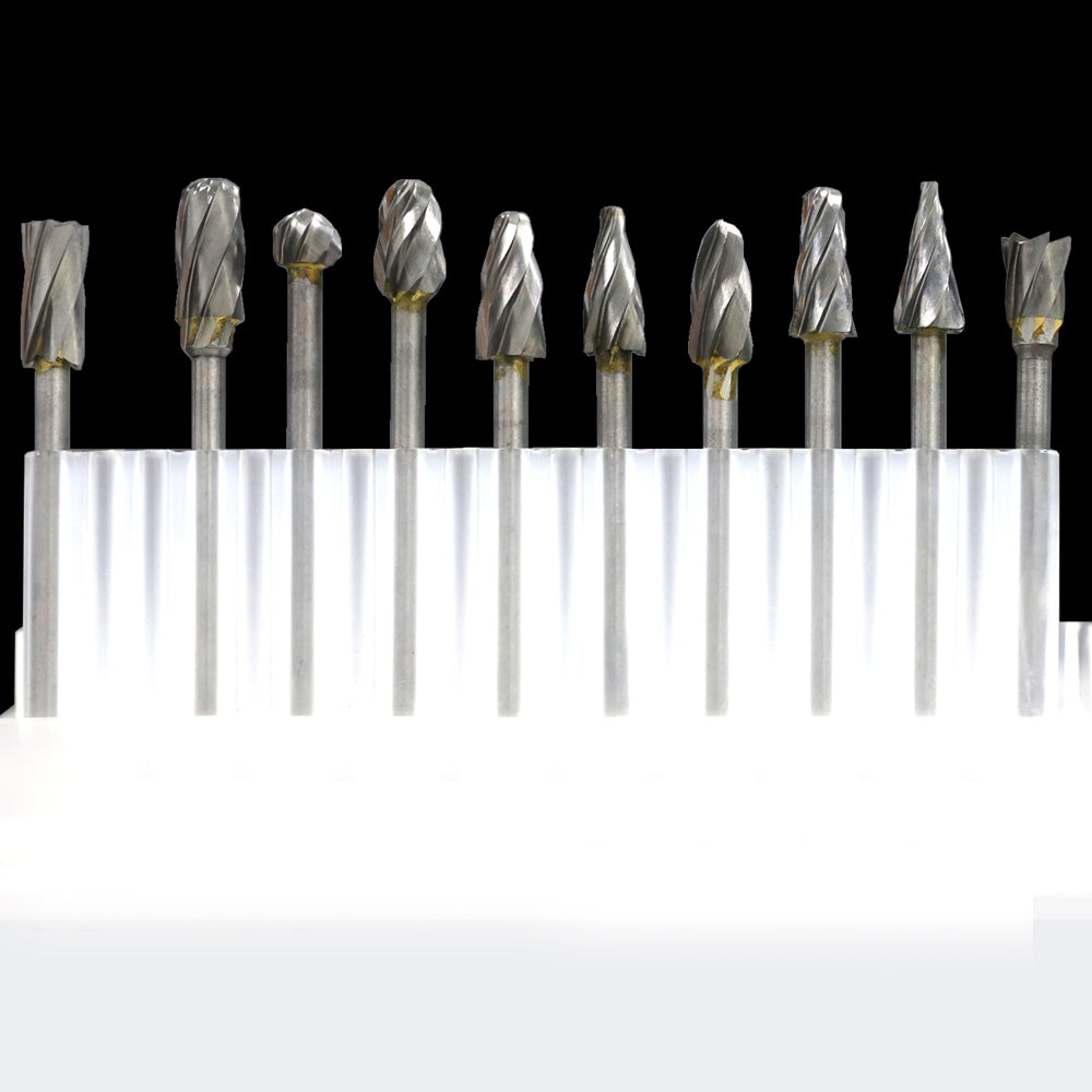 Carbide Burrs Set 10Pcs for Aluminium Cut 3mm 1/8" Inch Shank 6mm 1/4" Inch Head Diameter