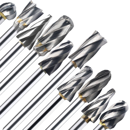 Carbide Burrs Set 10Pcs for Aluminium Cut 3mm 1/8" Inch Shank 6mm 1/4" Inch Head Diameter