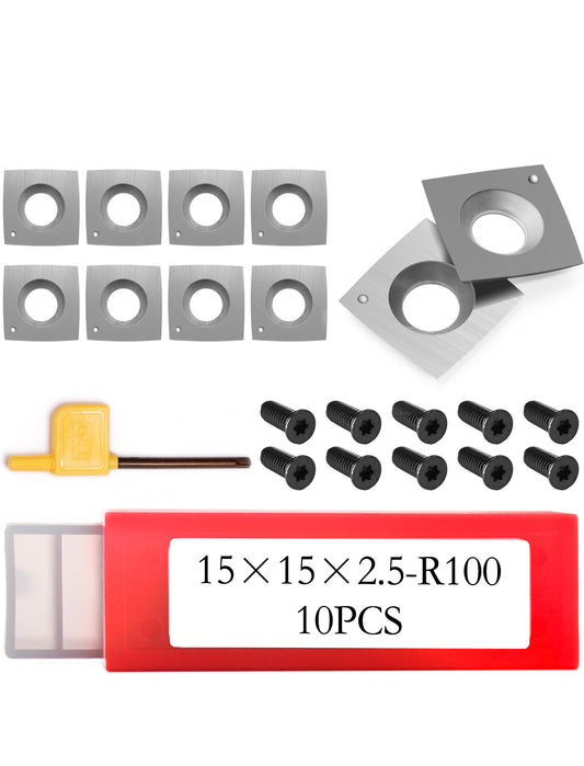 Woodworking 15x15x2.5mm-30°-R100 Square Tungsten Carbide Inserts Replacement Cutter Indexable Knife for Powermatic/ Jet/ Steelex /ShopFox/Craftex CXHEL & CX Planers Jointers Cutterblocks or Helical Spiral Cutterheads