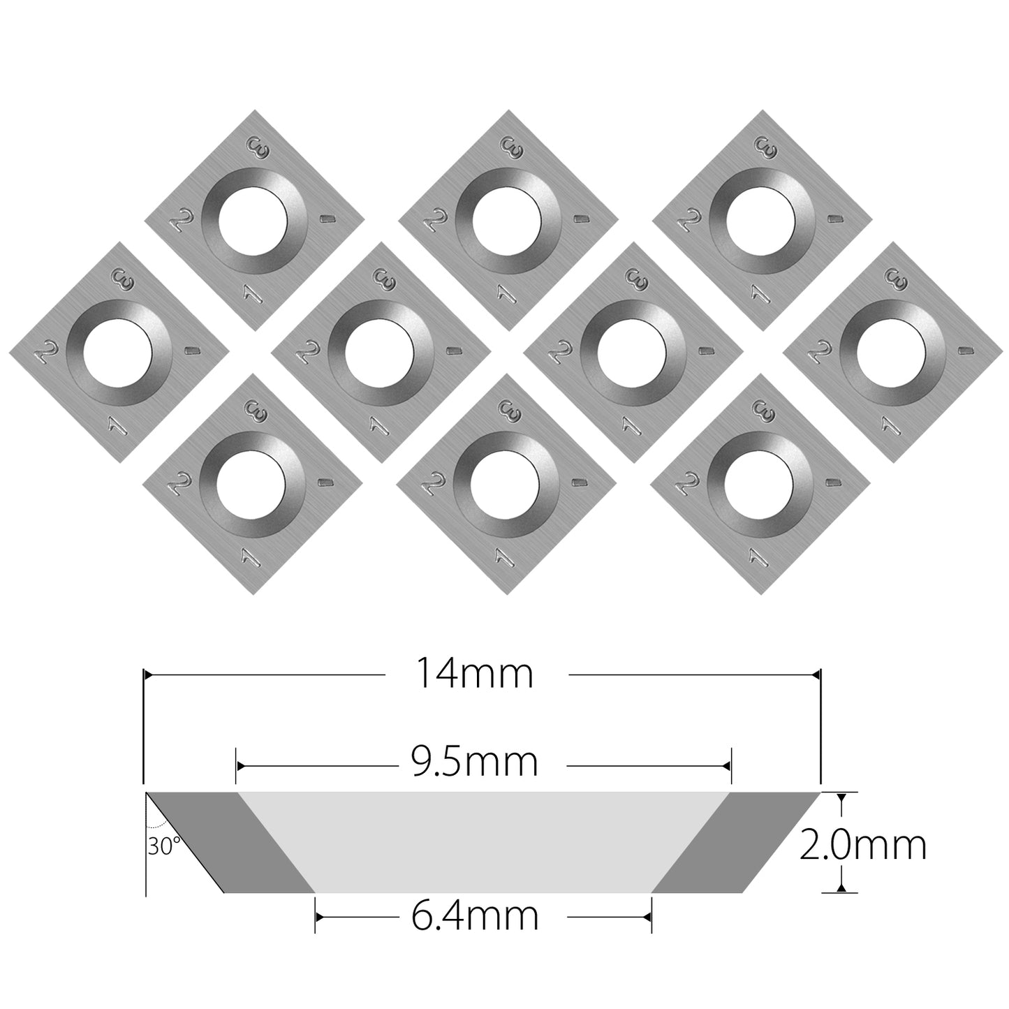 Indexable Tungsten Carbide Inserts Cutters 14x14x2mm-30°,4-Edge for EWT Rougher Wood Turning Tools or Handheld Scraper