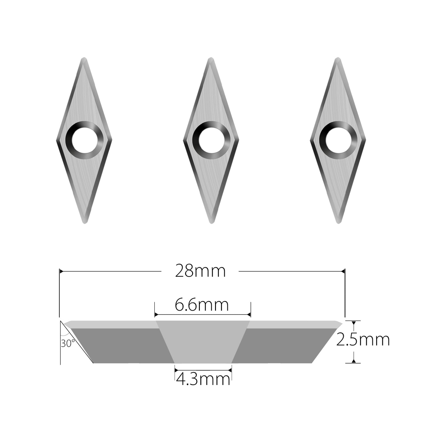 Woodturning carbide insert diamond shape cutter negative rake angle 10 mm x 28 mm x 2.5 mm with 30 degree cutting bevel