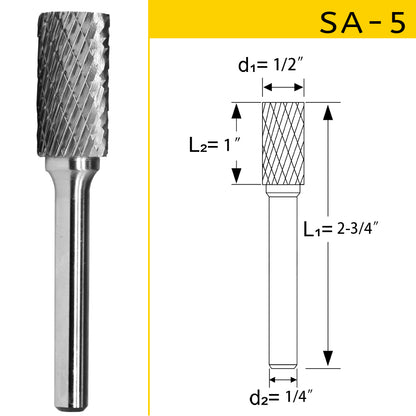 SA-5 Tungsten Carbide Burr 1/4 inch ( 6.35 mm) Shank Cylinder Shape Double Cut Rotary Burr File