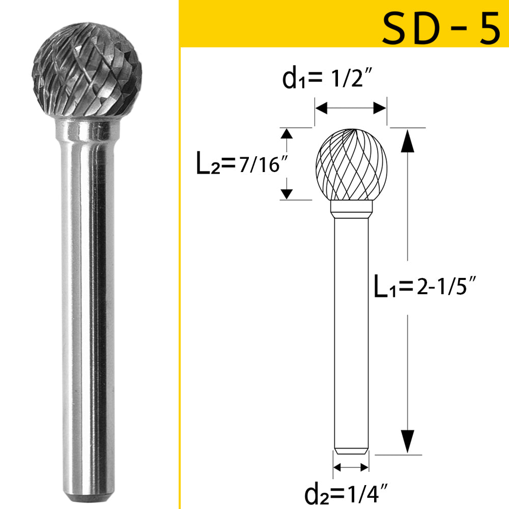 SD-5 Tungsten Carbide Burr Ball Shape 1/4 inch ( 6.35 mm) Shank Diameter Rotary Burr File