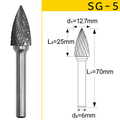 SG-5 Tungsten Carbide Burr Pointed Tree Shape 1/4 inch ( 6.35 mm) Shank Diameter Rotary Burr File