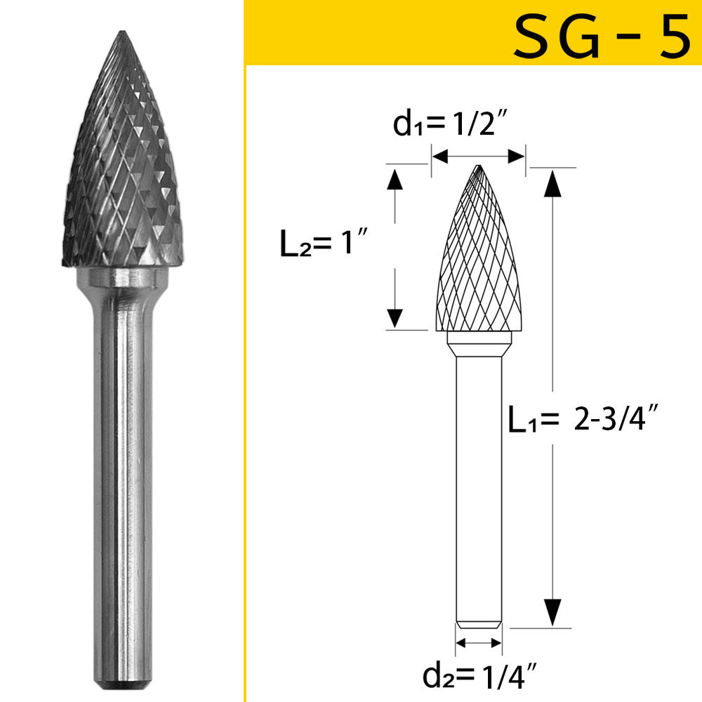 SG-5 Tungsten Carbide Burr Pointed Tree Shape 1/4 inch ( 6.35 mm) Shank Diameter Rotary Burr File