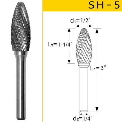 SH-5 Tungsten Carbide Burr Flame Shape 1/4 inch ( 6.35 mm) Shank Rotary Burr File