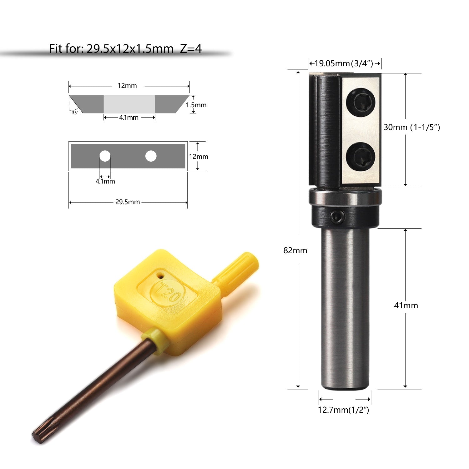 yeptooling top bearing flush trim router bit with 2 pieces carbide inserts, 1/2 inch 12.7 mm shank diameter, 3/4 inch 19.05 mm cutting diameter,1-1/5 inch 30 mm cutting length, 3-1/5 inch 82 mm overall length