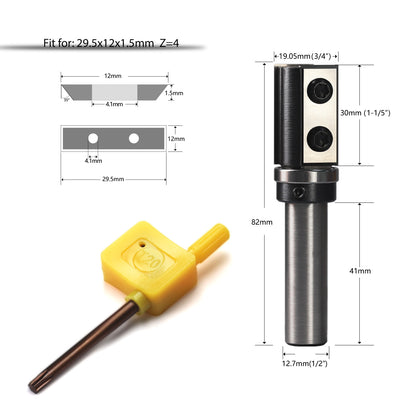 yeptooling top bearing flush trim router bit with 2 pieces carbide inserts, 1/2 inch 12.7 mm shank diameter, 3/4 inch 19.05 mm cutting diameter,1-1/5 inch 30 mm cutting length, 3-1/5 inch 82 mm overall length