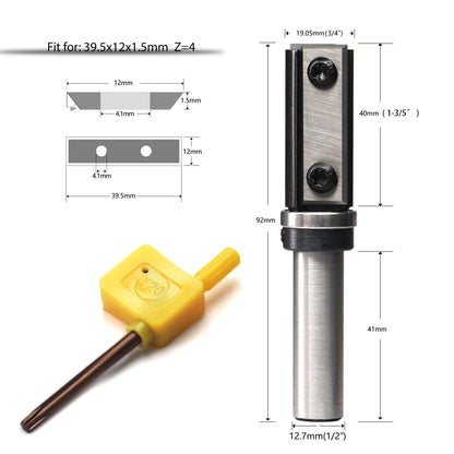 yeptooling top bearing flush trim router bit with 2 pieces carbide inserts, 1/2 inch 12.7 mm shank diameter, 3/4 inch 19.05 mm cutting diameter, 1-3/5 inch 40 mm cutting length, 3-3/5 inch 92 mm overall length