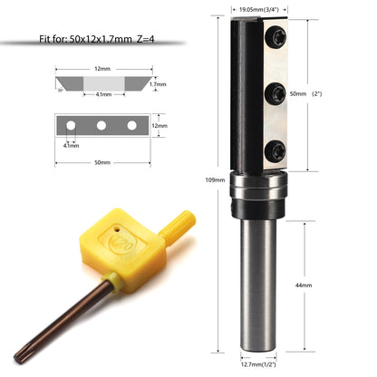 yeptooling top bearing flush trim router bit with 2 pieces carbide inserts, 1/2 inch 12.7 mm shank diameter, 3/4 inch 19.05 mm cutting diameter, 2 inch 50 mm cutting length, 4-3/10 inch 109 mm overall length