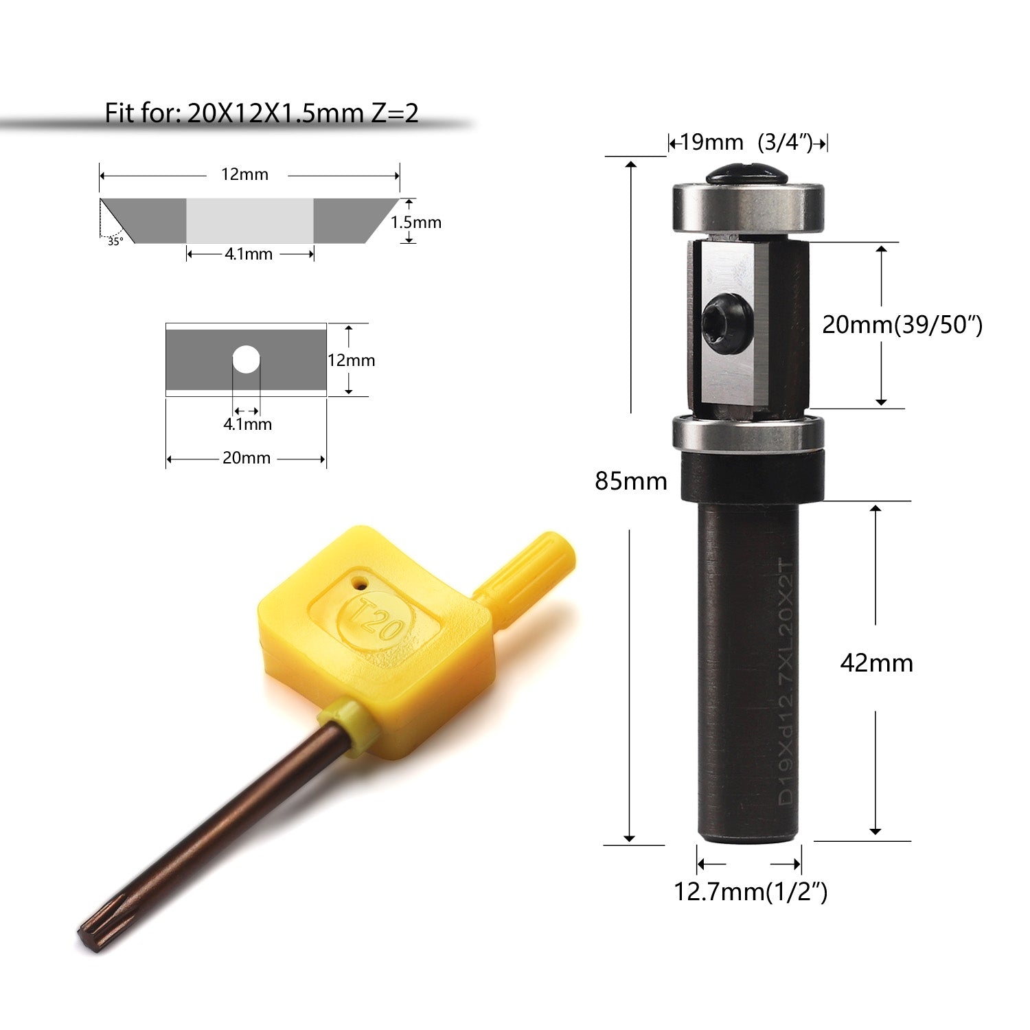 yeptooling double bearing flush trim router bit milling cutter for woodworking, 1/2 inch shank diameter, 3/4 inch cutting diameter, 39/50 inch cutting length, 3-3/10 inch overall length 