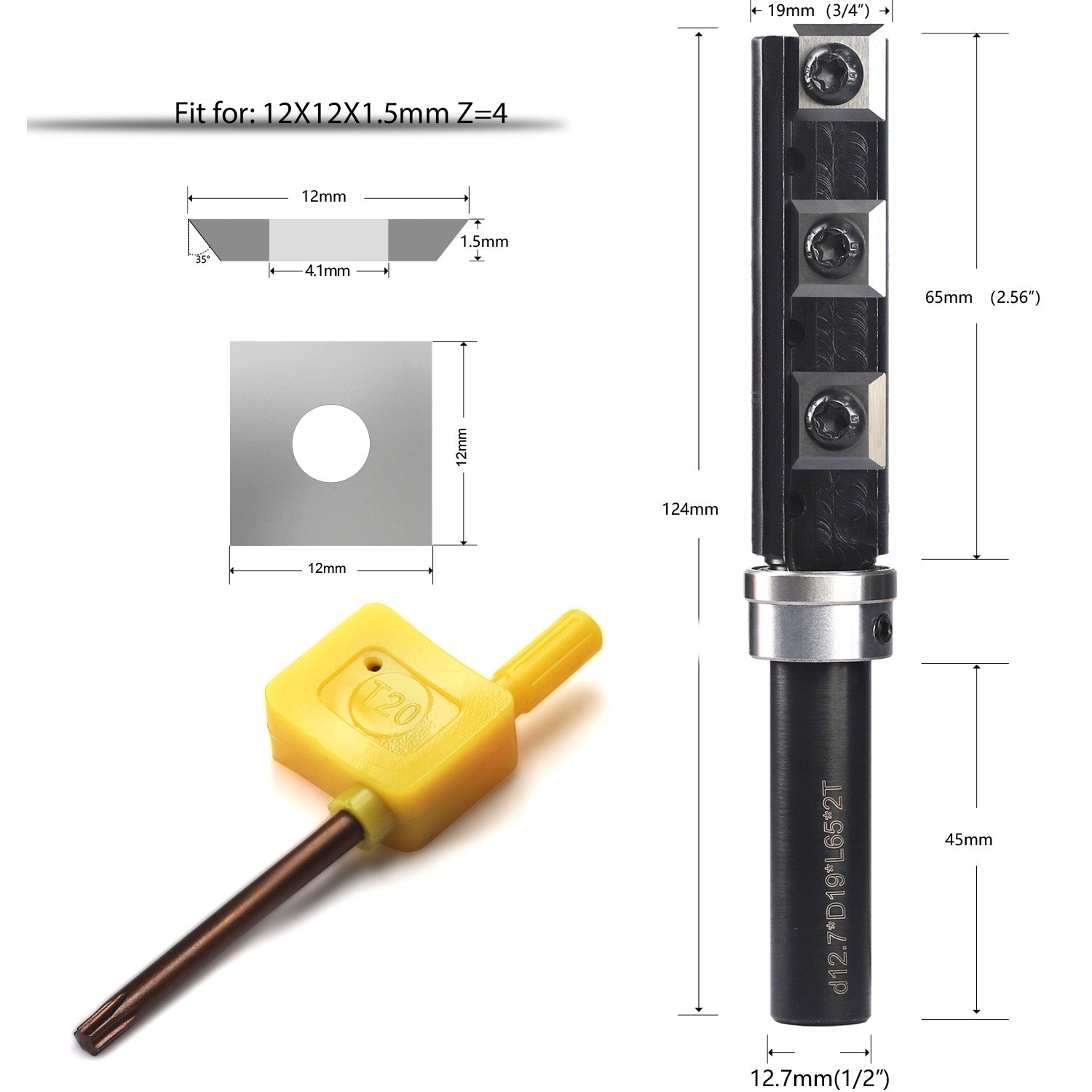 yeptooling top bearing flush trim router bit with 6 pieces carbide inserts, 1/2 inch 12.7 mm shank diameter, 3/4 inch 19 mm cutting diameter, 2.56 inch 65 mm cutting length, 4-9/10 inch 124 mm overall length