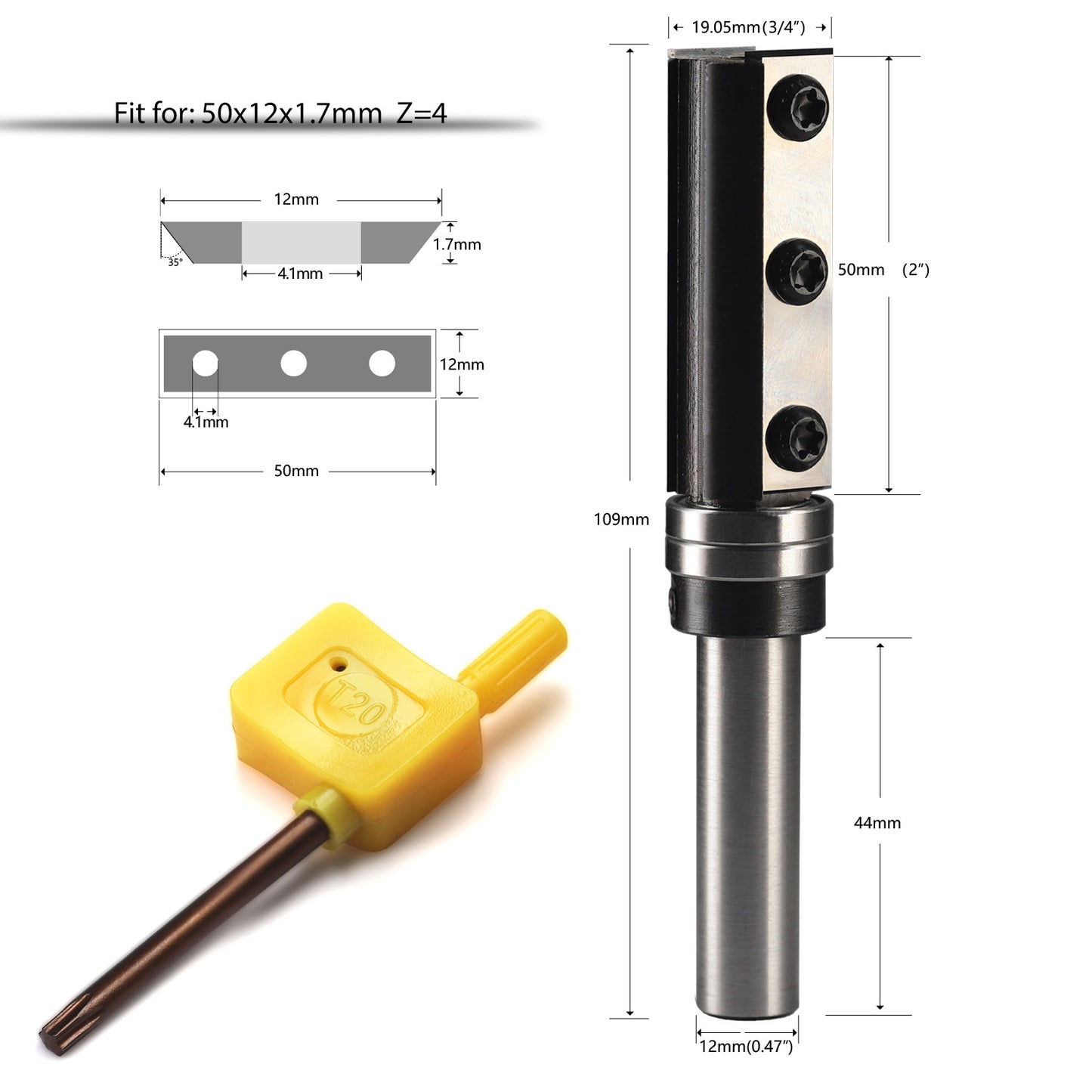 yeptooling top bearing flush trim router bit with 2 pieces carbide inserts, 12 mm shank diameter, 3/4 inch 19.05 mm cutting diameter, 2 inch 50 mm cutting length, 4-3/10 inch 109 mm overall length
