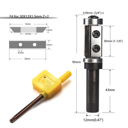 yeptooling double bearing flush trim router bit milling cutter for woodworking trimming, 12 mm shank diameter,  19 mm cutting diameter,  30 mm cutting length, 95 mm overall length 