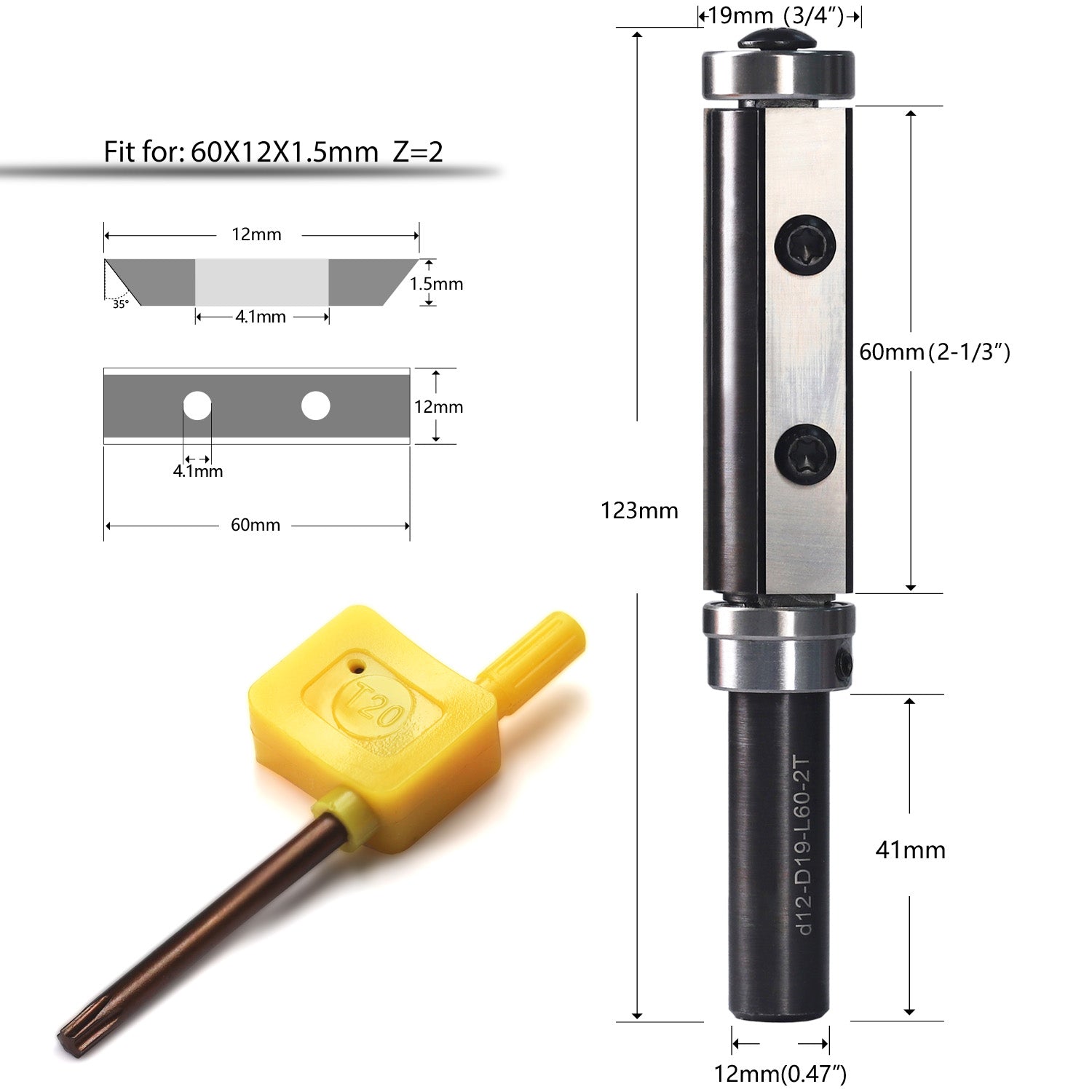 yeptooling double bearing flush trim router bit milling cutter for woodworking trimming, 12 mm shank diameter,  19 mm cutting diameter,  60 mm cutting length, 123 mm overall length 