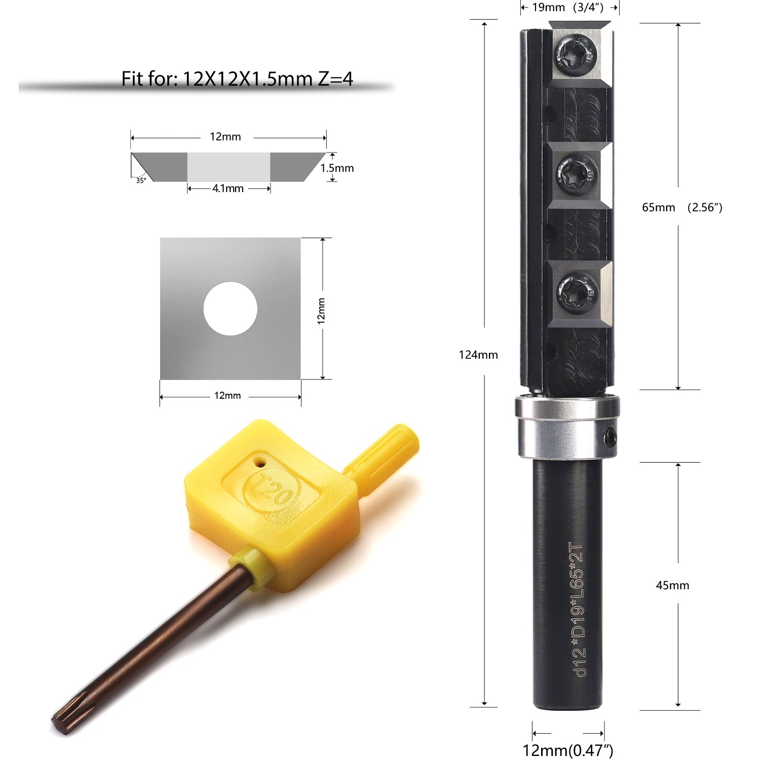 yeptooling top bearing flush trim router bit with 6 pieces carbide inserts, 12 mm shank diameter, 3/4 inch 19 mm cutting diameter, 2.56 inch 65 mm cutting length, 4-9/10 inch 124 mm overall length