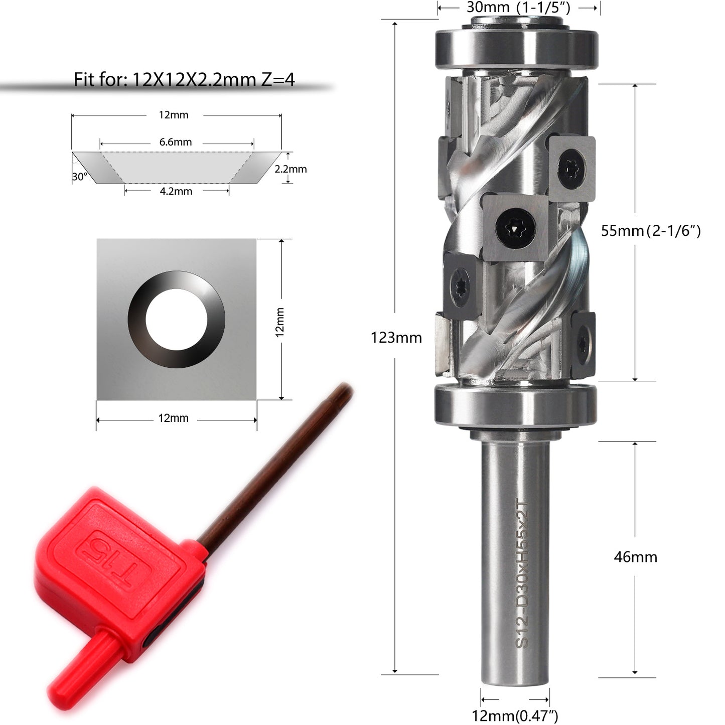 yeptooling double bearing flush trim router bit milling cutter for woodworking trimming, 12 mm shank diameter,  30 mm cutting diameter,  55 mm cutting length, 123 mm overall length 