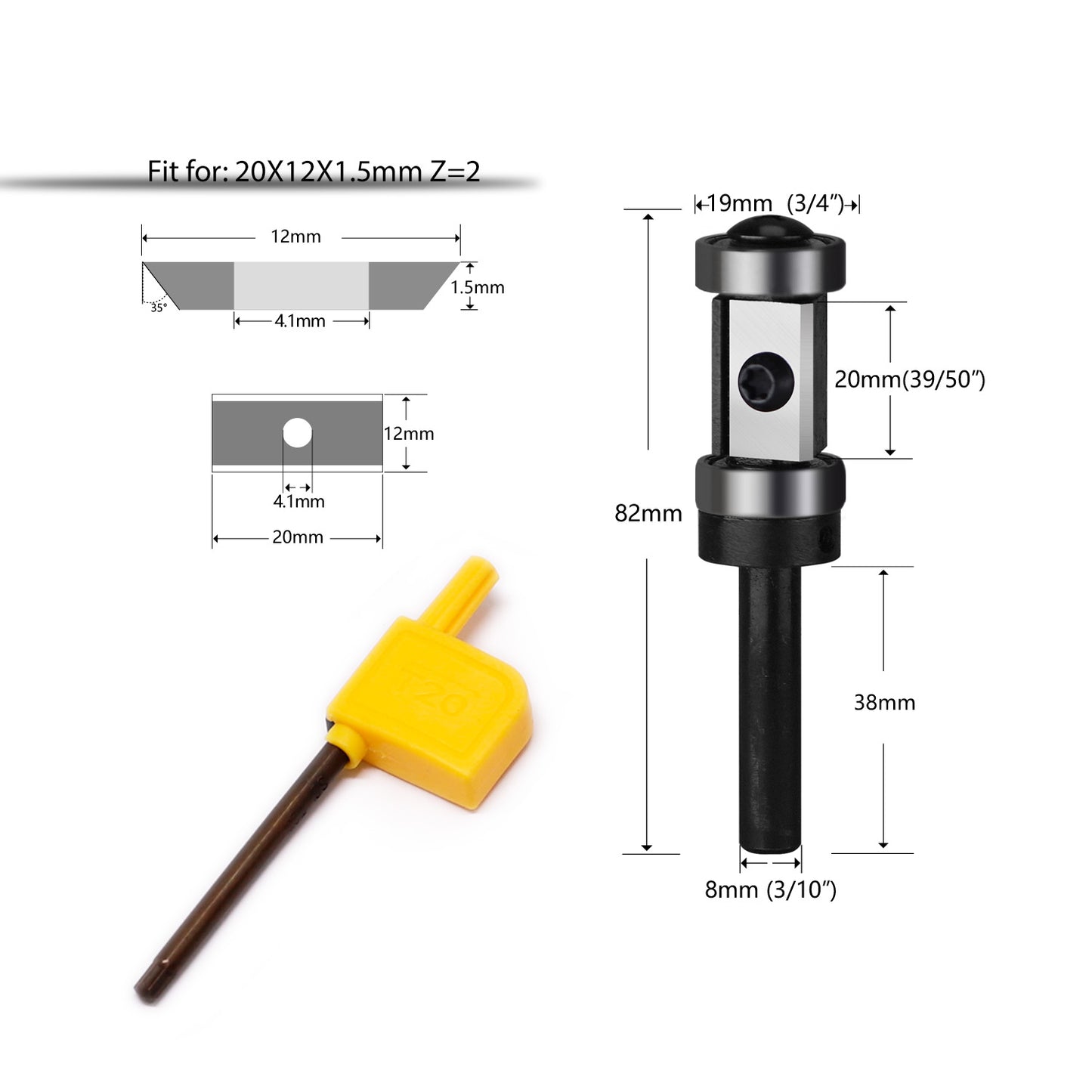 double bearing flush trim router bit with 8 mm shank diameter, 20 mm cutting length, 19 mm cutting diameter, 82 mm overall length